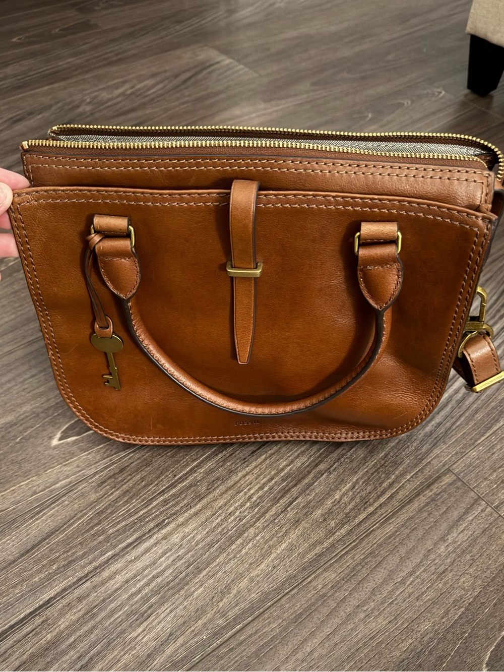 Fossil Brown Leather Satchel with Brass Hardware